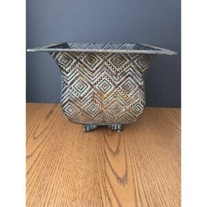 10 1/2 X 12" Large Square Green Bronze Colored Tin Planter Embossed Tringles...